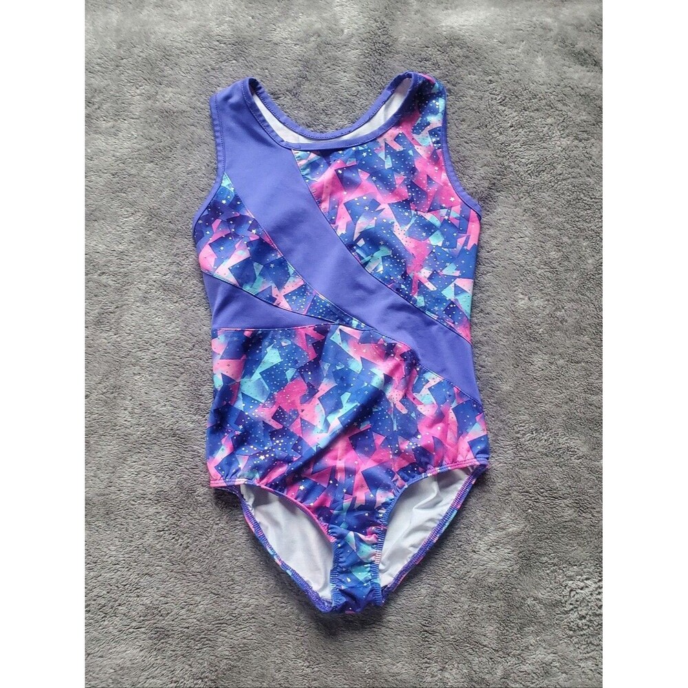 DANSKIN Purple Pink Sparkle Geometric Leotard Dance / Gymnastics Size M (7-8)